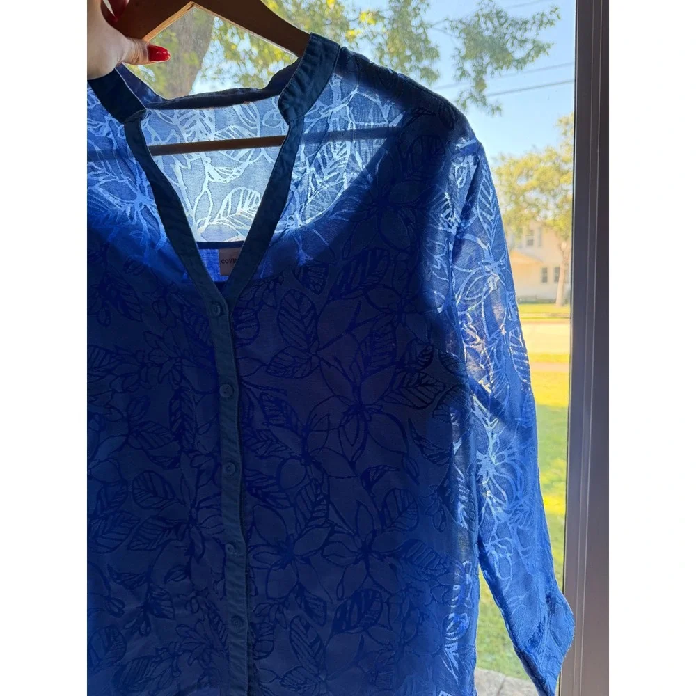 Covington Blue Linen Blend 2 Piece Set Burnout Floral Blouse & Tank XL